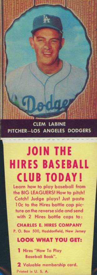 1958 Hires Root Beer Clem Labine #34 Baseball Card