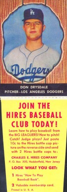 1958 Hires Root Beer Don Drysdale #55 Baseball Card
