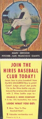 1958 Hires Root Beer Marv Grissom #64 Baseball Card