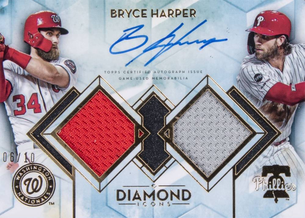 2020 Topps Diamond Icons Single-Player Dual Team Autographed Relics Bryce Harper #SPDTBH Baseball Card
