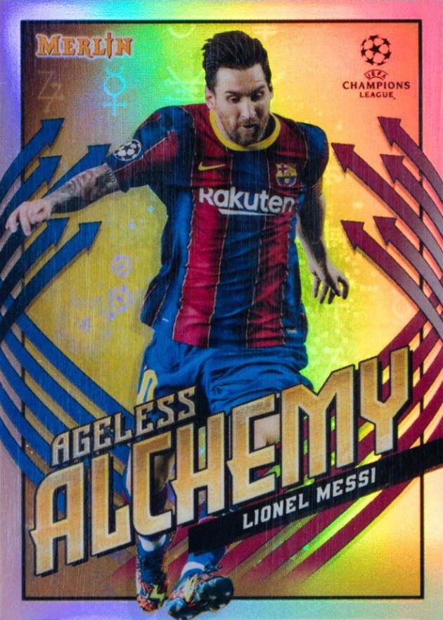 2020 Topps Merlin Chrome UEFA Champions League Ageless Alchemy Lionel Messi #LM Soccer Card