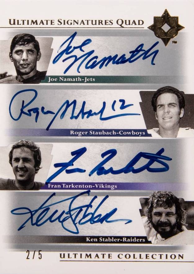 2004 Ultimate Collection Ultimate Signatures Quads Fran Tarkenton/Joe Namath/Ken Stabler/Roger Staubach #NSTS Football Card