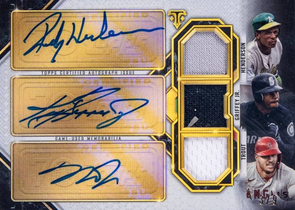 2021 Topps Triple Threads 70 Years of Topps Three-Player Triple Relics Ken Griffey Jr./Mike Trout/Rickey Henderson #HGT Baseball Card