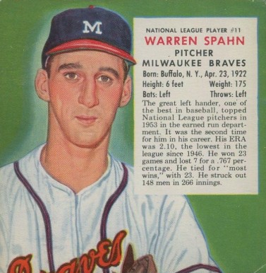 1954 Red Man Tobacco Warren Spahn #11 Baseball Card