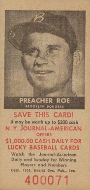 1954 N.Y. Journal-American Preacher Roe # Baseball Card