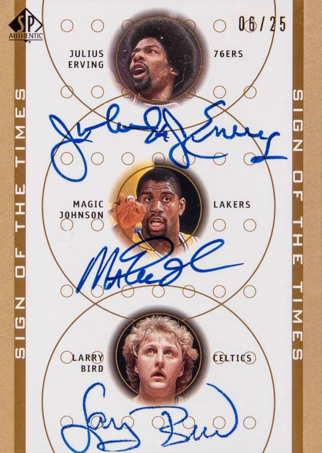 2001 SP Authentic Sign of the Times Triple Julius Erving/Larry Bird/Magic Johnson #DR/MG/LB Basketball Card