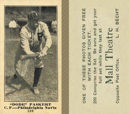 1916 Mall Theatre Dode Paskert #136 Baseball Card