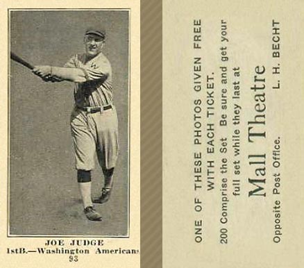 1916 Mall Theatre Joe Judge #93 Baseball Card