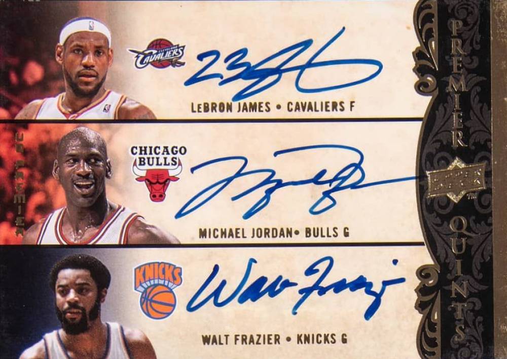2008 Upper Deck Premier Quints Autographs LeBron James/Michael Jordan/Walt Frazier/Kevin Garnett/George Gervin #JGGF Basketball Card