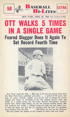 1960 Nu-Card Highlights Ott Walks 5 Times in a Single Game #58 Baseball Card
