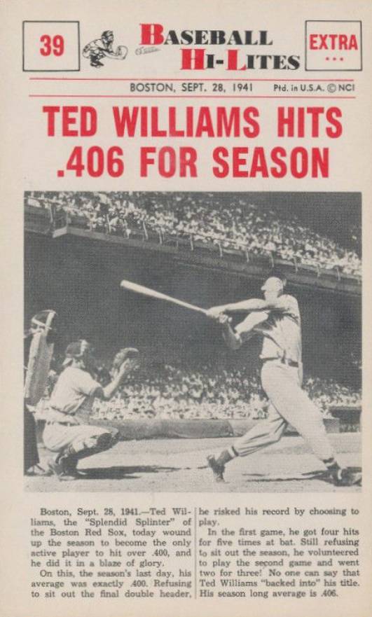 1960 Nu-Card Highlights Ted Williams Hits .406 for Season #39 Baseball Card