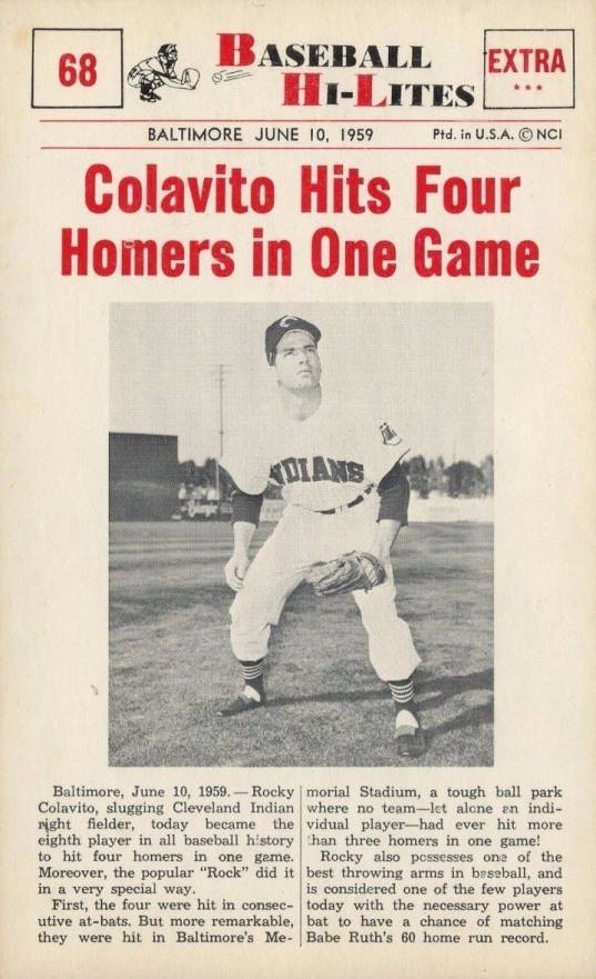 1960 Nu-Card Highlights Colavito Hits Four Homers In One Game #68 Baseball Card