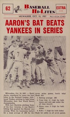 1960 Nu-Card Highlights Aaron's Bat Beats Yankees in Series #62 Baseball Card