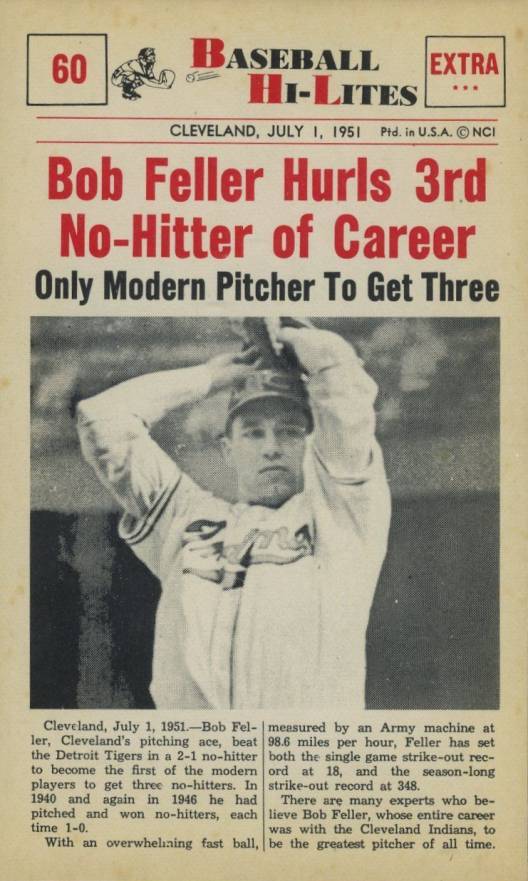 1960 Nu-Card Highlights Feller Hurls 3rd No-Hitter of Career #60 Baseball Card