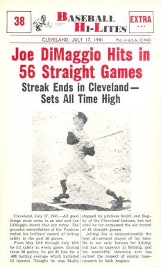 1960 Nu-Card Highlights Joe Dimaggio Hits in 56 Straight Games #38 Baseball Card