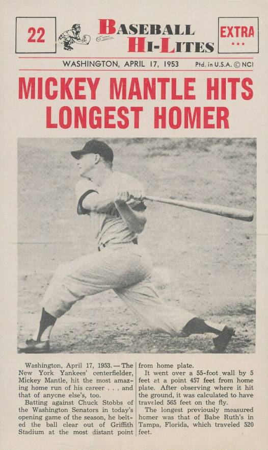 1960 Nu-Card Highlights Mantle Hits Longest Homer #22 Baseball Card