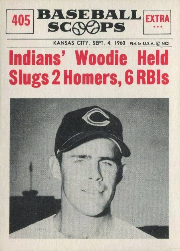 1961 Nu-Card Baseball Scoops Woodie Held Slugs 2 Homers, 6RBI's #405 Baseball Card