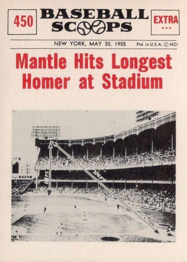 1961 Nu-Card Baseball Scoops Mantle Hits Longest Homer At Stadium #450 Baseball Card