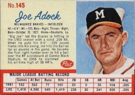 1962 Post Cereal Joe Adock #145e Baseball Card