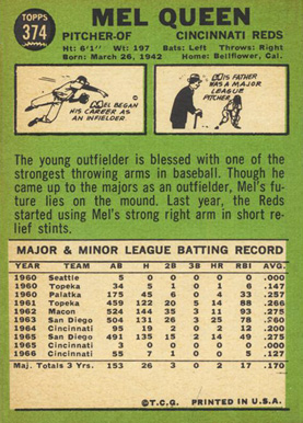 1967 Topps Mel Queen #374a Baseball Card