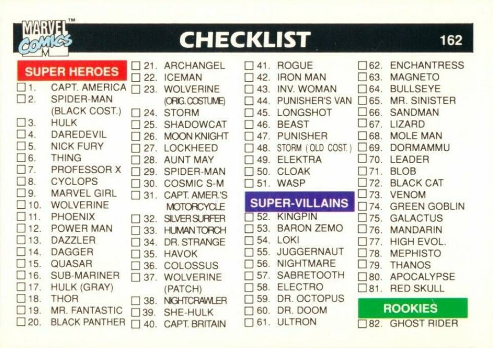 1990 Marvel Universe Checklist #162 Non-Sports Card