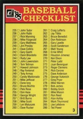 1985 Donruss Checklist (235-338) # Baseball Card