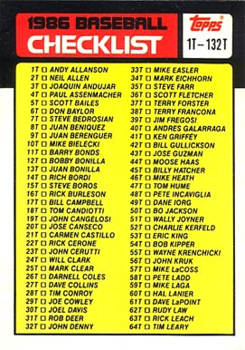 1986 Topps Traded Checklist 1T-132T #132T Baseball Card