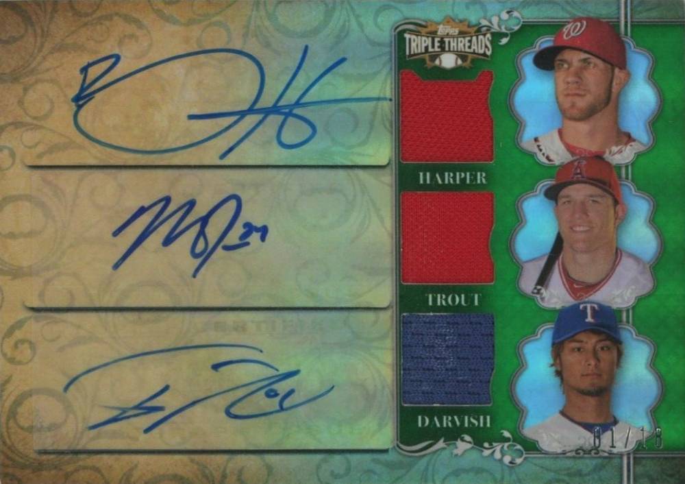 2013 Topps Triple Threads Autograph Relic Combos Bryce Harper/Mike Trout/YU Darvish #HTD Baseball Card