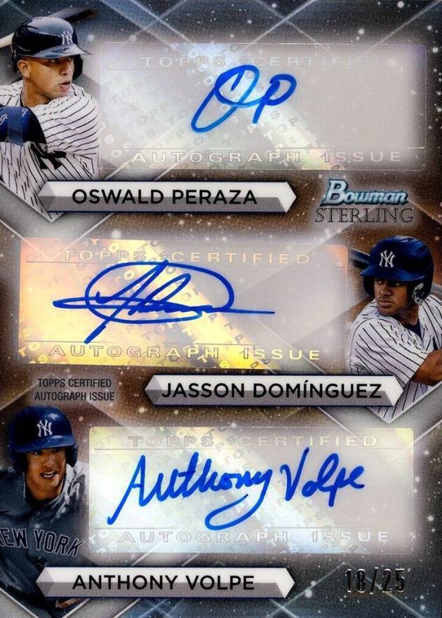 2023 Bowman Sterling Triple Refractor Autographs Anthony Volpe/Jasson Dominguez/Oswald Peraza #TRAPDV Baseball Card