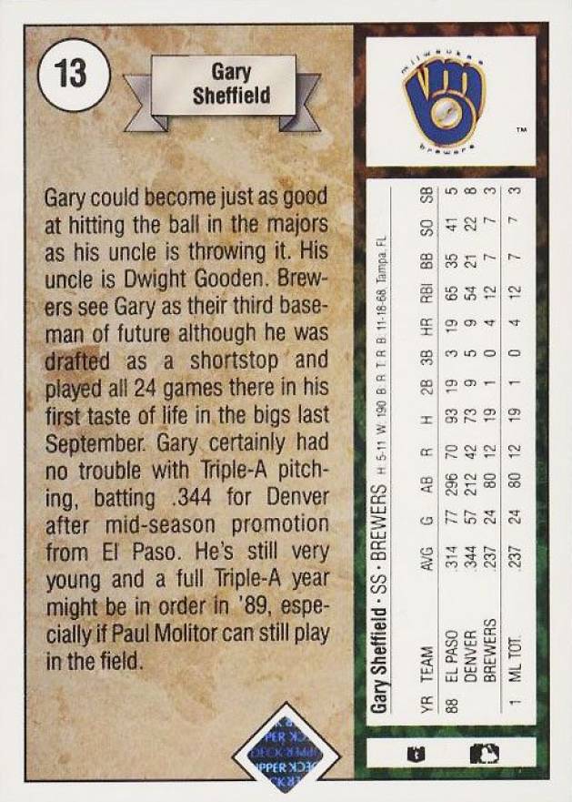 1989 Upper Deck Gary Sheffield #13e Baseball Card