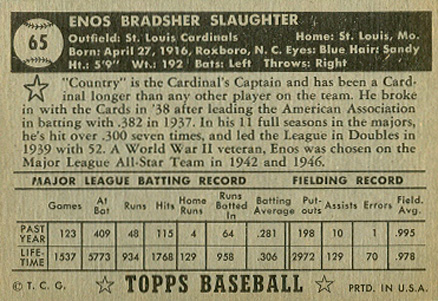 1952 Topps Enos Slaughter #65b Baseball Card