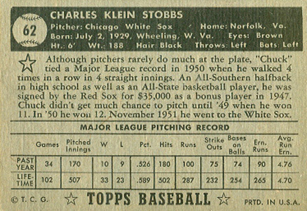 1952 Topps Chuck Stobbs #62b Baseball Card