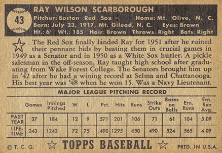 1952 Topps Ray Scarborough #43b Baseball Card