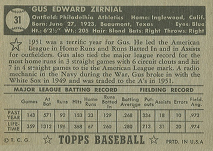 1952 Topps Gus Zernial #31b Baseball Card
