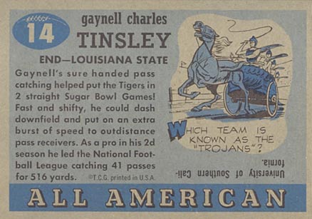 1955 Topps All-American Gaynell Tinsley #14c Football Card