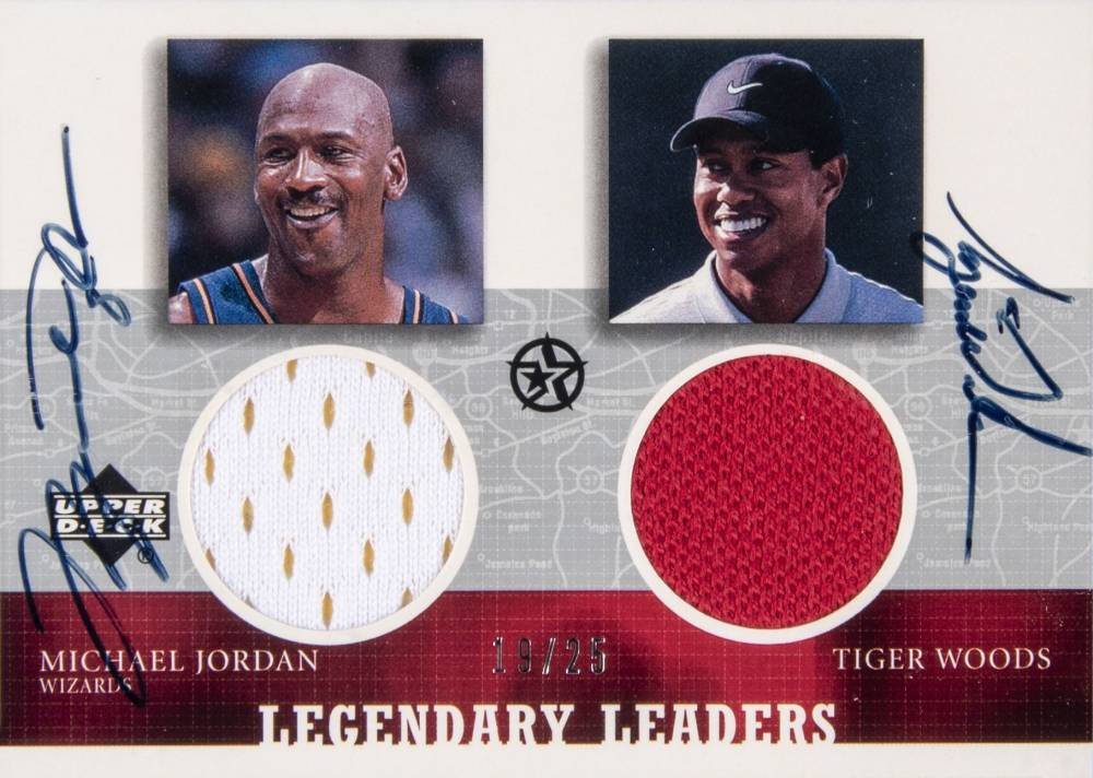 2002 Upper Deck Superstars Legendary Leaders Jerseys M.Jordan/T.Woods #MJTWA Basketball Card