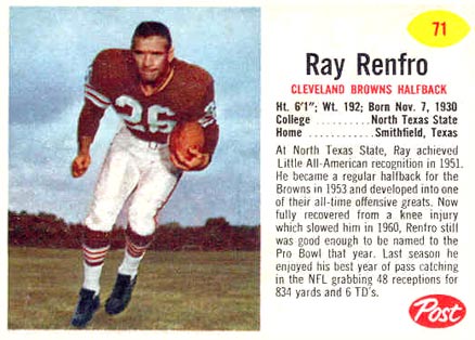 1962 Post Cereal Ray Renfro #71 Football Card