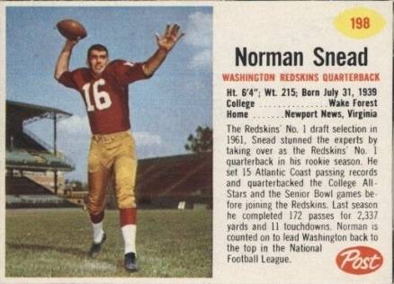 1962 Post Cereal Norm Snead #198 Football Card
