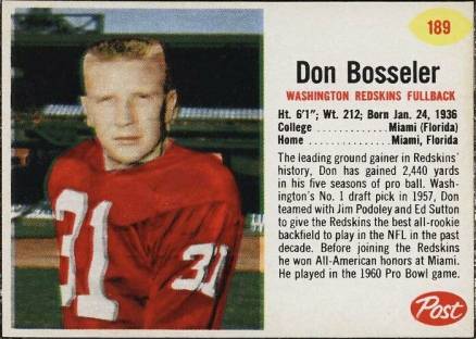 1962 Post Cereal Don Bosseler #189 Football Card