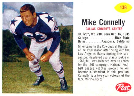 1962 Post Cereal Mike Connelly #136 Football Card