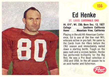 1962 Post Cereal Ed Henke #156 Football Card
