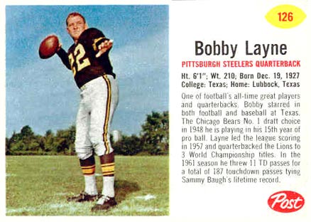 1962 Post Cereal Bobby Layne #126 Football Card