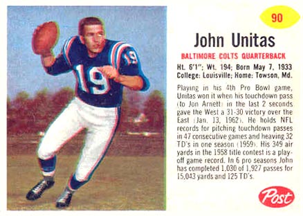 1962 Post Cereal John Unitas #90 Football Card
