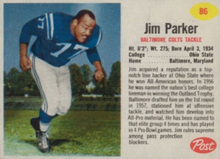 1962 Post Cereal Jim Parker #86 Football Card