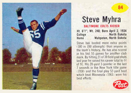 1962 Post Cereal Steve Myhra #84 Football Card