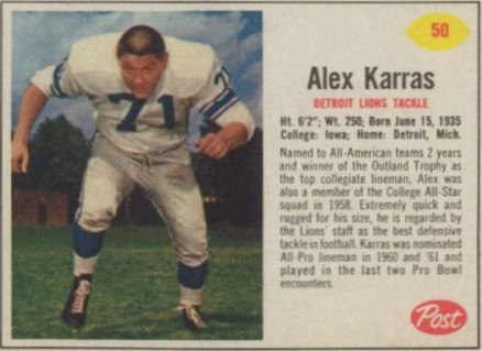 1962 Post Cereal Alex Karras #50 Football Card