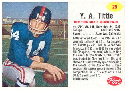 1962 Post Cereal Y.A. Tittle #29 Football Card