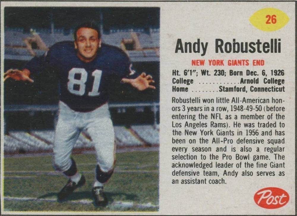 1962 Post Cereal Andy Robustelli #26 Football Card