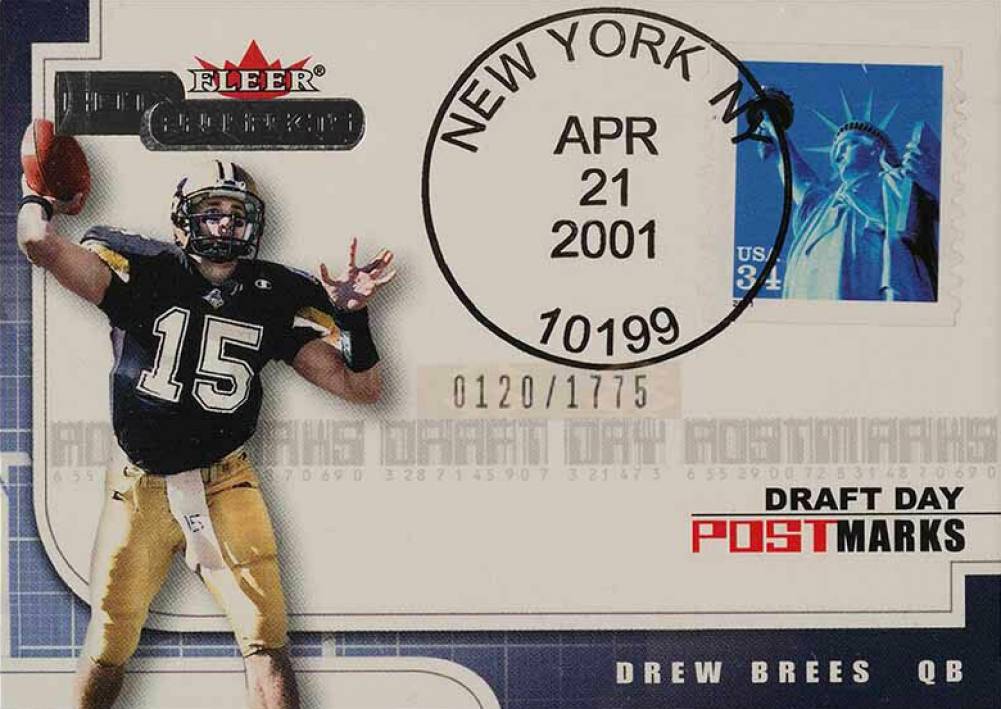 2001 Fleer Hot Prospects Rookie Premiere Postmarks Jersey Drew Brees # Football Card