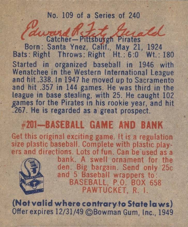 1949 Bowman Ed FitzGerald #109s Baseball Card